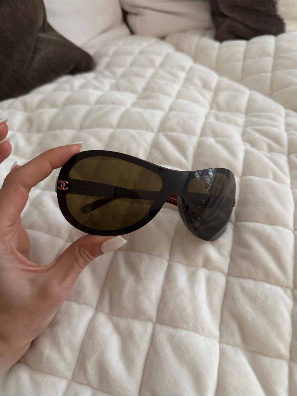 CHANEL Oversized Shield Sunglasses in Dark Brown and Olive